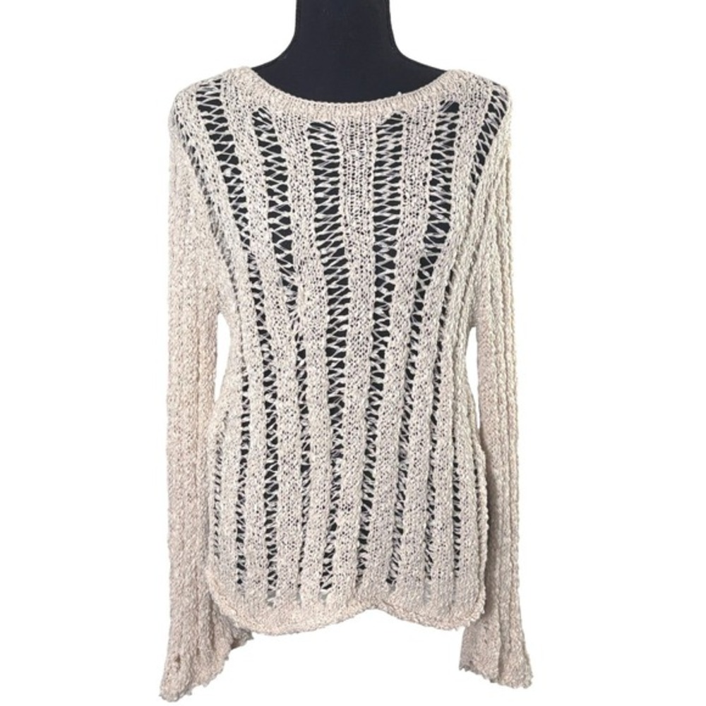 Women Open Knit Sweater Medium Bell Sleeve Coastal Fisherman Boho Beach Layering